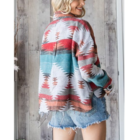 Boho Aztec Tribal Yellowstone Distressed Flannel Shirt Jacket Shacket - Picture 6 of 7